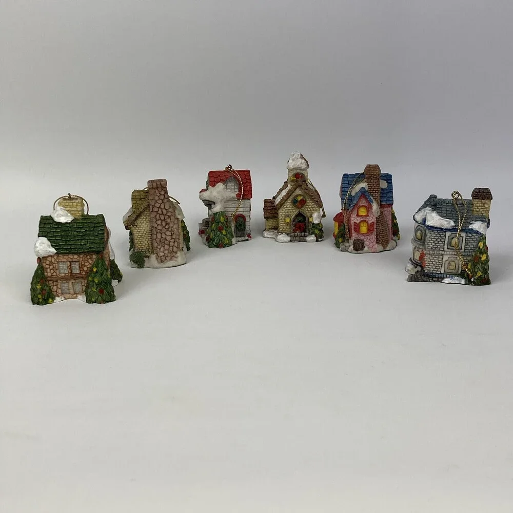 Lot Set 6 VTG Christmas Village Ornaments Mini Houses Bakery Antiques Snow Resin